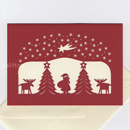 【xmas限定販売】 切抜カード 夜空のサンタとトナカイ 赤