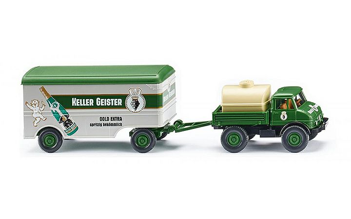 ヴィーキング Wiking 037106 Unimog U 406 with box trailer Keller Geister