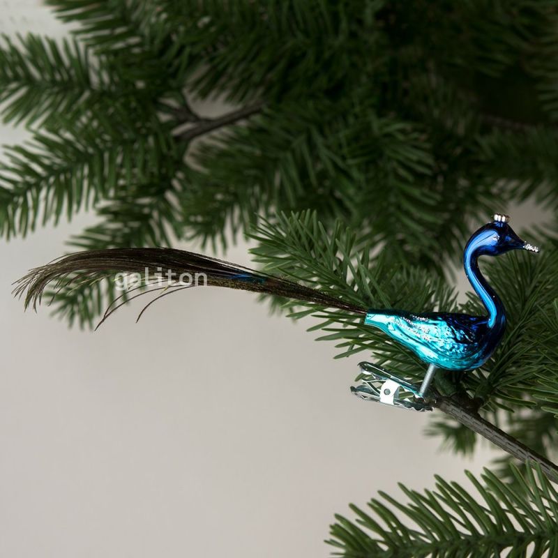 【xmas限定販売】 グラスオーナメント 鳥 くじゃく ターコイズ（冠小）N75
