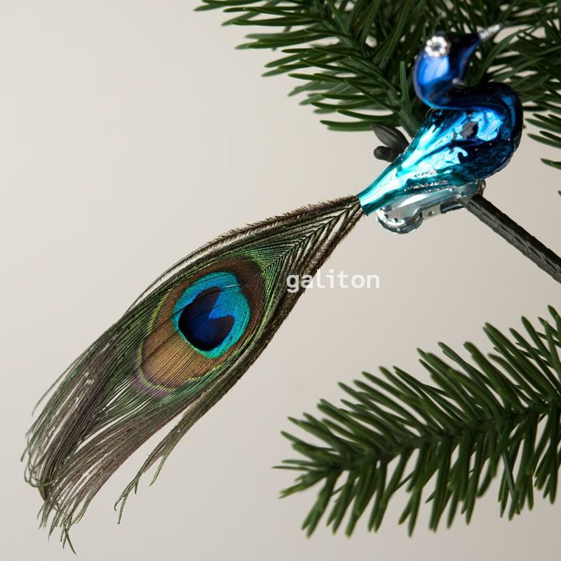 【xmas限定販売】 グラスオーナメント 鳥 くじゃく ターコイズ（冠小）N75